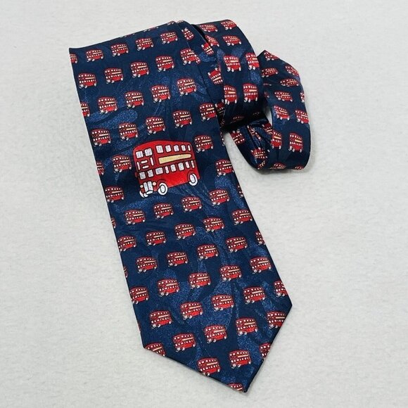 Firsite Silk Tie Necktie London Red Bus Double Decker Symbol Trip Souvenir Blue - Picture 2 of 8